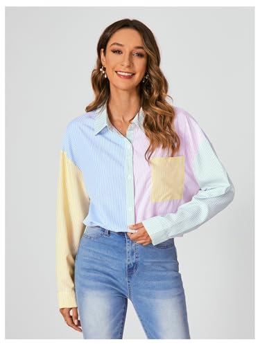 MakeMeChic Women's Striped Colorblork Blouse Oversized Collared Button Down Shirt Long Sleeve Top4