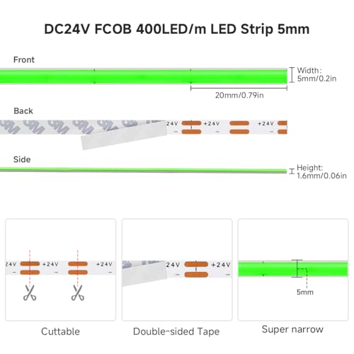 Image of 5mm Green COB LED Strip Light DC24V Narrow Thin Flexible High Density Uniform Cob Strips 16.4FT UL Listed Dimmable CRI 90+ LED Tape Lights for Car Cabinets, No Controller /Adapter