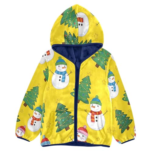 Christmas Trees Snowmen on Yellow Toddler Fleece Jacket Girl Boys Hooded Fleece Jacket Coat Warm Outwear Zip-up 3-10T