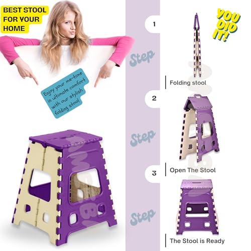Image of AMEEBA 18 Inch Super Strong Folding Step Stool to Support Adults and Safe Enough for Kids. Opens Easy with One Flip, Great for Kitchen, Bathroom, Bedroom, Kids or Adults (Purple)