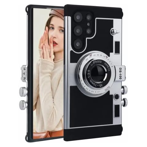 NUIGUBF Emily in Paris mobile phone case,For Samsung Galaxy S22 Ultra Cool and unique retro camera design silicone case with detachable neck strap lanyard for girls, women (black) Cover