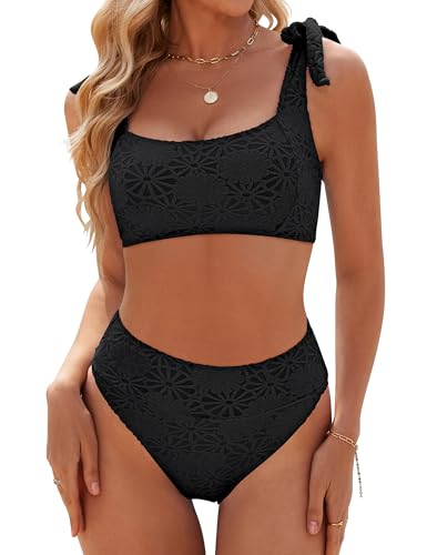 Blooming Jelly Womens High Waisted Bikini Set Tie Strap Jacquard Terry Cloth 2 Piece Swimsuit Modest Cute Retro Bathing Suit