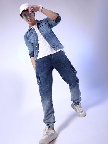 Image of The Indian Garage Co Men Regular Fit Solid Mid-Rise Stretchable Denim Cargo Joggers