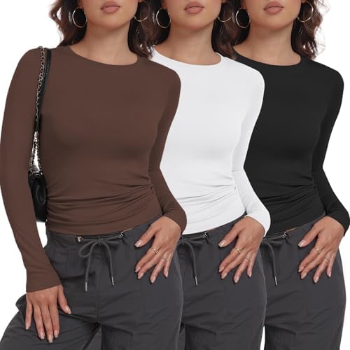 MLYENX 3 Pack Womens Long Sleeve Shirts Crew Neck Basic Stretchy ...