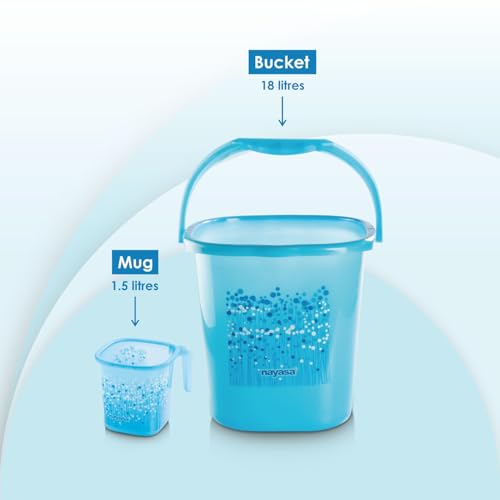 Image of Nayasa Square Ring Funk Plastic Bucket Set for Bathroom | Bucket and Mug (18 Liters & 1.5 Liters) | Bathroom Set of 2 | Bathroom Accessories Set | Bathroom Bucket Set | Blue
