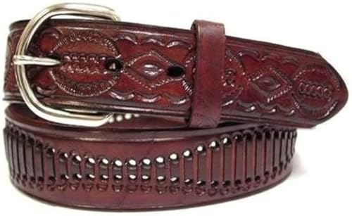 Western Full Grain Brown Leather Belt 100% Solid Leather Tooled, Braided, and Oil Tanned with Cowboy Rodeo Designs