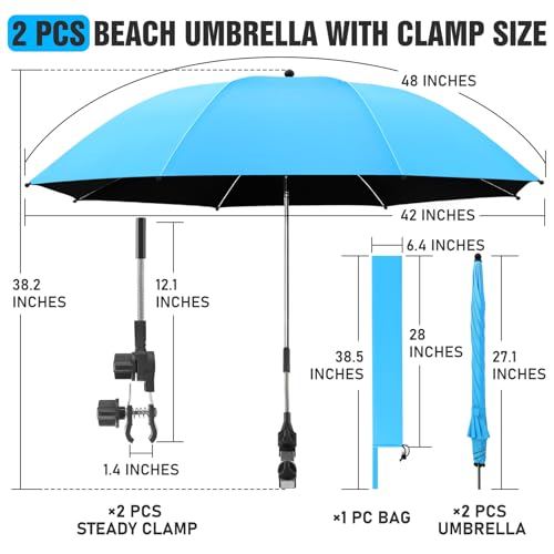 Image of 2 PACK Beach Umbrella with Clamp, 360 Adjustable Umbrellas for Chair, UPF50+ Umbrella for Beach Chair, Patio Chair, Wheelchair, Camping Chair, Golf Carts (Chair Not Included)