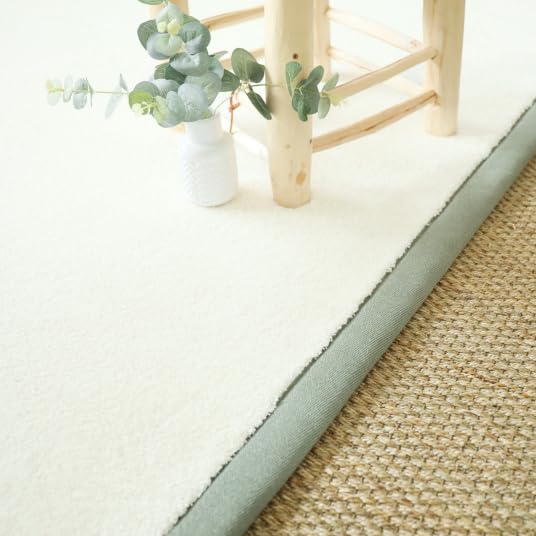 Decoweb Tapis Doux Poils Longs - Touch Blanc crème - Ganse Lin Vert Sauge - 160 x 230 cm