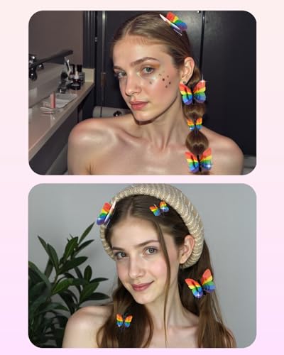 16PCS Pinzas para el cabello mariposa con purpurina arcoíris Pride – 8 grandes y 8 pequeñas con alas plegables para desfile Pride, accesorios de cabello arcoíris para celebración del Día LGBTQ miniatura 7