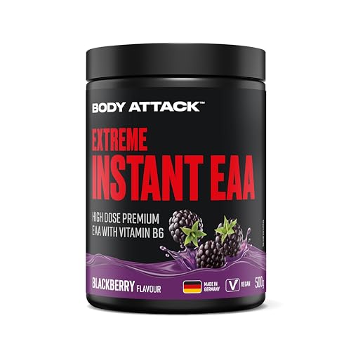 Body Attack Extreme Instant EAA Pulver - Blackberry, 500 g - Vegan, Made in Germany - 8 essentielle EAA Aminosäuren für eine proteinreich Ernährung & intensives Training - Ideale 2:1:1 Ratio