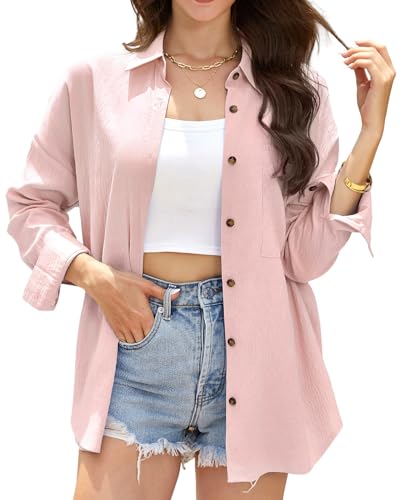Stamain Light Pink Blouses for Women UK Casual Summer Ladies Button Up Shirt Long Sleeve Blouses & Shirts for Beach Holiday Office Work M