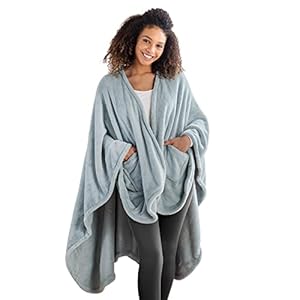 Berkshire Blanket Primalush™ Wearable Blanket,Cozy Loungewear Pocketed Plush Cape Wrap for Adults & Teens(Hazy Sky Blue,One Size 58″X64″)