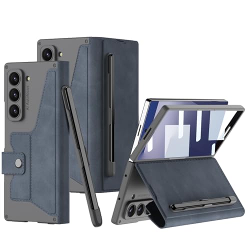 SHIEID Galaxy Z Fold 7 Wallet Case with S Pen Holder, Business Leather Magnetic Closure Cover with Card Holder, Kickstand, Screen Protector Compatible with Samsung Z Fold7 Case, Gray Blue