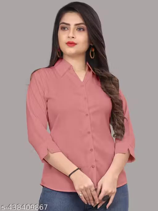 Image of Women's Cotton Blend Solid Formal Shirt with 3 /4 Sleeves-Navy Blue P4