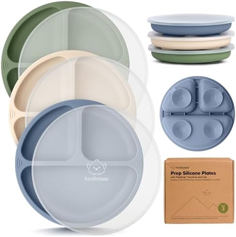 KeaBabies Suction Plates with Lids for Baby, 3-Pack, 100% Silicone (Slate)