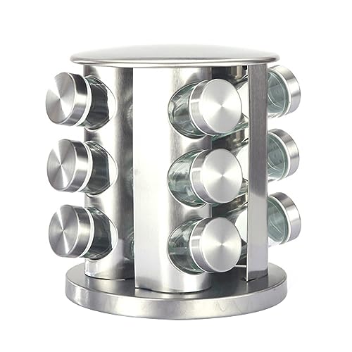 TQQEPOOL Rack Spezie Banco Girevole Organizzazione Stoccaggio dei Condimenti in Acciaio Inox, Torre Carosello Spezie per Cucina Set 12 Barattoli (Color : A, Size : 12 Jars)