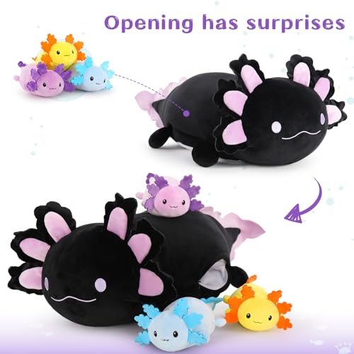 Image of MaoGoLan 4Pcs Giant Axolotl Plush with 3 Babies Inside-23.5 inch Large Ultra Soft Axolotl Stuffed Animals Throw Pillow-Squishy Stuffed Axolotl Plush Collection Gift for Axolotl Lover,Kids,Teens,Black