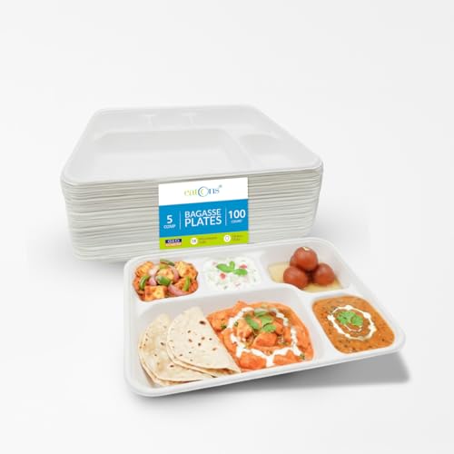 Image of EATONS | 5 Compartment Bagasse Meal Tray | Pack of 100 | Disposable Plates Big Size | Sugarcane Paper Plates | Ideal for Events, Caterers & Buffet | Heavy Duty, Leakproof, Microwave Safe