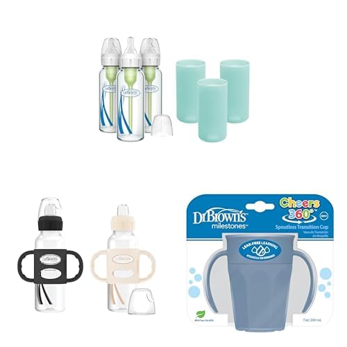 Dr. Brown's Anti-Colic Options+ Narrow Glass Baby Bottles 8oz and Level 1 Nipple, 3-Pack 0m+ and Mint Silicone Sleeves and Narrow Sippy Spout Bottle, Black+Ecru, 2 Pack and Cheers 360 Spoutless