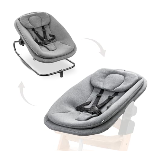 hauck 3in1 Babywippe für Alpha+, Beta+ & Arketa Holzhochstuhl, Ergonomische Babyliege für Babys ab Geburt bis 15 kg, mit 5-Punkt-Gurt, Sitzverkleinerer, Baumwollbezug (Dark Grey Melange)