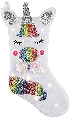 shelly home Christmas Stocking with LED Light Unicorn Sparkly Sequins Stockings for Christmas Decoration