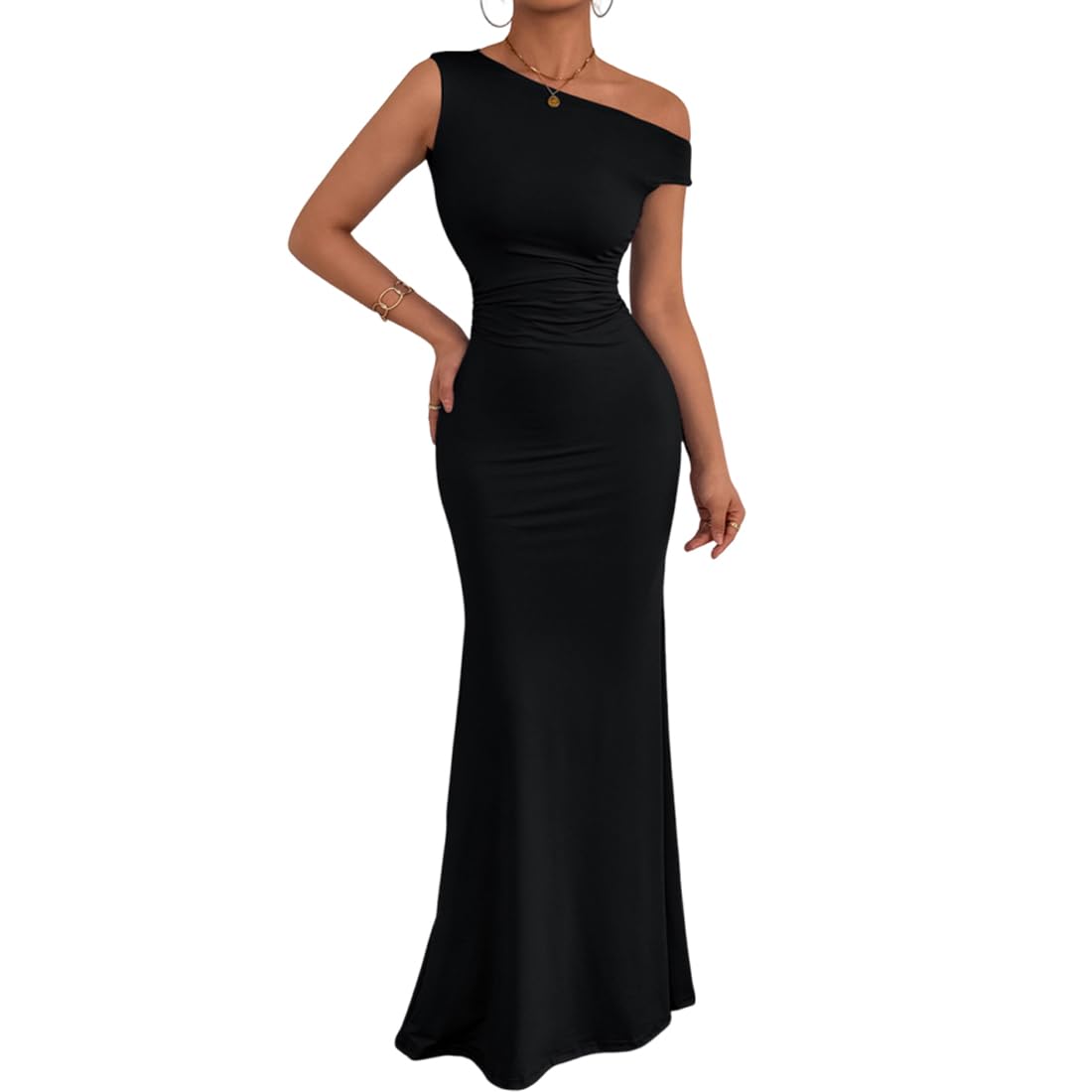 Robe Femme Sexy sans Manches Une Épaule Robes Longue Moulante Elégant Bodycon Maxi Robe de Soirée D'éte Décontracté Plissée Couleur Unie Wrap Robes pour Clubbing Cocktail Prom Fête