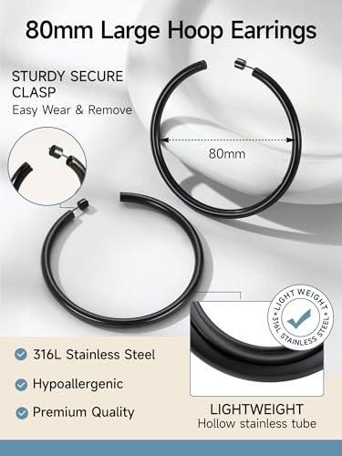 Image of Stainless Steel Chunky Hoop Earrings For Women, Minimalist and Chic, Black /Gold Plated, Round Hoops Earrings Hypoallergenic, Size: 30mm /40mm /60mm /80mm, Come with Box