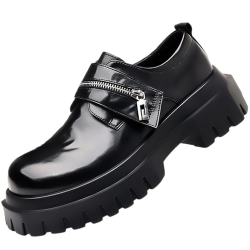 Men's Soft Leather Fashion Zipper Platform Low Chunky Heel Slip-On Loafers Retro Round Toe Comfortable Anti-Slip Lug Sole Penny Loafers for Business Dress Wedding Casual