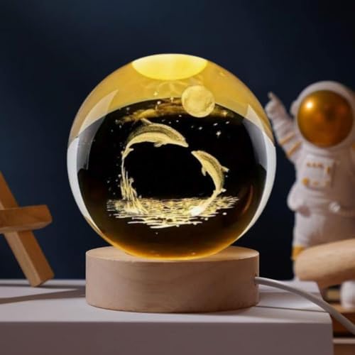 Image of Desidiya 3D Crystal Ball Night Light Lamp with Dolphin Design Night LED Lamp with Wooden Base for Kids Room, Bedroom Home Decor, Office, Birthday Gift Decorations for Men, Women, Diwali Gift