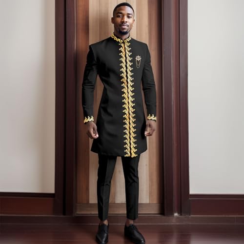 Men`s Suit Gold Embroidery Blazer and Pants Set Dashiki Jacket Traditional African Clothes with Chain2