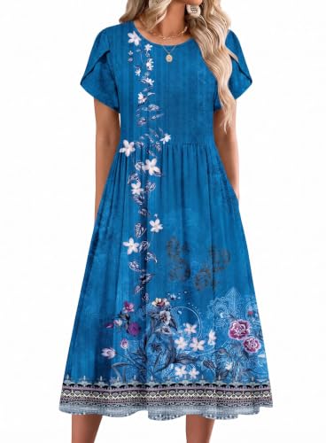 Image of Zeagoo Womens Summer Dresses Casual Aline Midi Dress Short Sleeve Floral Tshirt Dress Flowy Beach Sundresses with Pockets