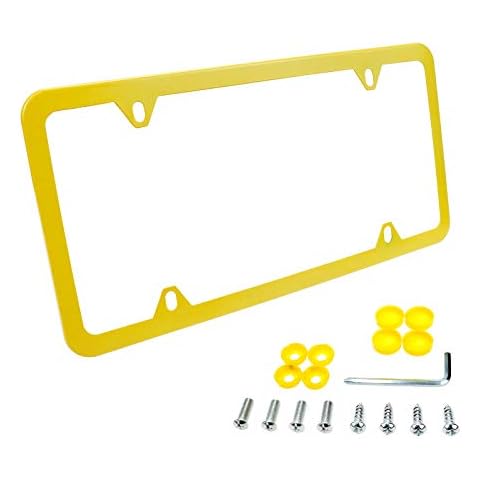 Modengzhe License Plate Frame, Yellow Painted Stainless Steel Slim Design License Fixing Hardware with Bolts and Screw Covers, 12-3/8" (L) x 6-3/8" (W) x 3/16" (T) Cover