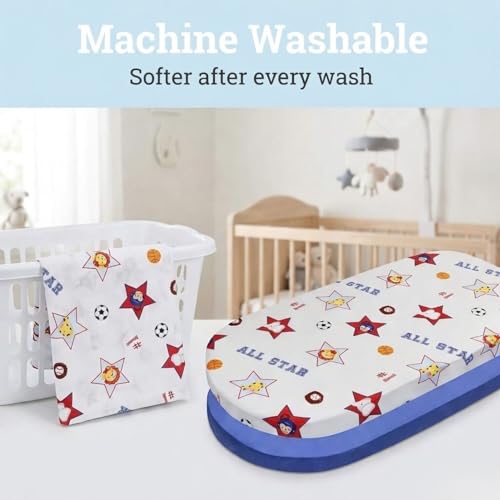 Image of 2-Pack Bassinet Sheets - 100% Cotton Percale Jungle Sports and Blue Bassinet Mattress Pad Fitted Sheet for Baby Boy; Compatible with Bassinet Bedside Co-Sleeper Lounger Brands; Oval Rectangle Mattress