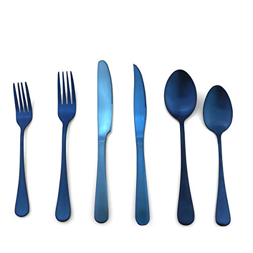 Uniturcky Stainless Steel With Titanium Colorful Plated Blue Flatware Set,Steak Knife Cutlery Set Knife Fork Salad Fork Dessert Spoon 24-piece, Service for 4 (Matte Blue)