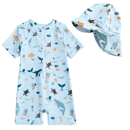 JiAmy UV Kleidung Baby Badeanzug mit Hut, UPF UV Schutzkleidung Schwimmanzug Baby Junge, Kleinkind Einteiliger UV Badebekleidung Shirt 9-12 Monate Blue