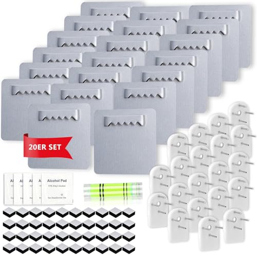 20 Piezas Colgadores para Cuadros y Espejos, Colgar Cuadros Sin Agujeros,Fijación Adhesiva sin Agujeros ,Máximo 1.5kg (Plata)