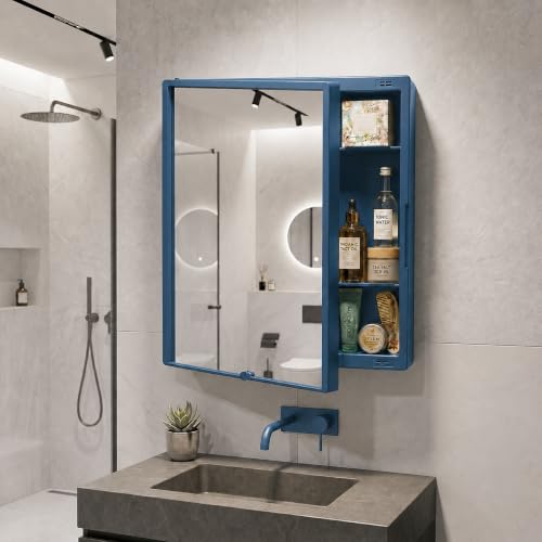 Image of BRANCO New Rich Look Bathroom Organizer Cabinet | Mirror with Shelf | 4 Shelves Storage Organizer | Wall Mounted Cabinet | for Home /Kitchen /Toilet (BRC-931) (Blue)