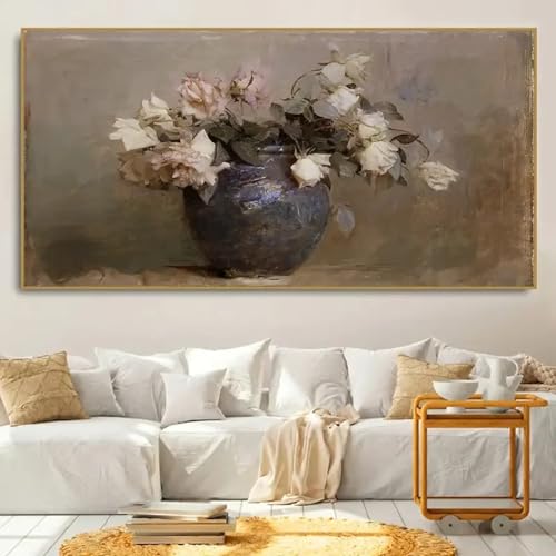 Toile vintage fleurs vase grand format avec cadre pour masquer mur nu