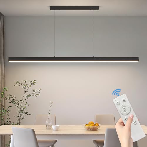 Matven 57" LED Linear Pendant Light Fixtures, 25W Dimmable Pool Table Light with Remote, Modern Island Lights for Kitchen Dining Room Living Room Office Bar, 3000k-6000k, Black