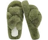 Picture of COFACE Women's Fluff Slippers Open Toe Fuzzy Faux Fur Ladies House Fashion Platform Slide Shoes with Comfort Arch Support, Indoor Outdoor Sole, Green Size 8.5