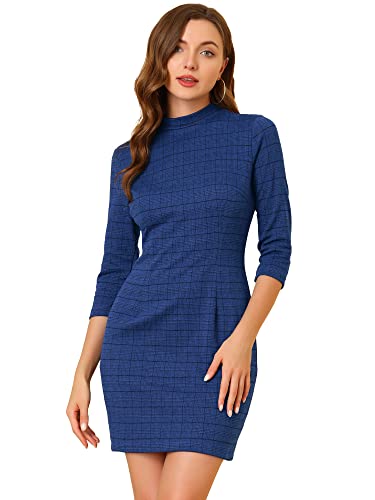 Allegra K Damen Langarm Stehkragen Kariert Minikleid Party Kleid Blau M