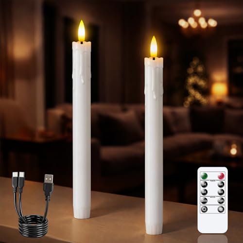 Image of Rechargeable Flameless Timer Remote Taper Candles, 2pcs 0.86 inch x10 inch LED Flickering Dripping Wax Window Tall Fake White Plastic Candlesticks(USB Charging Cable Included)