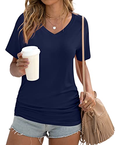 Anydoll Women's 2026 Summer Shirts Casual Short Sleeve Vneck Navy Blue Tops Dressy Work Tunics Comfy Blouse Large