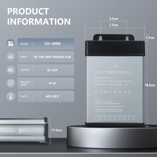 Image of 12V 300W LED Power Supply Rainproof IP44, Ultra Slim LED Transformer 100-240V AC to 12V DC 25A Converter Quiet Low Volt LED Driver Constant Voltage Driver Adapter for Indoor and Outdoor