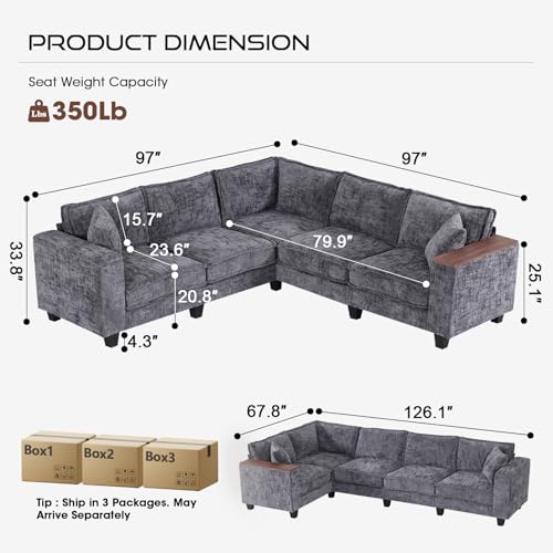 Image of 97 inch L Shaped Couch Corner Sofa, 5 Seater Oversized Cloud Couch with 2 Pillows Modular Sectional Sofa Armrests with Two Hidden Storage Space Sectional Couches for Living Room Gray Textured