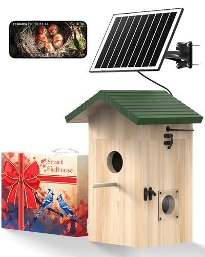 KinetCam Bird House with Camera Solar Powered, 2K HD Wi-Fi Bird Watching Cam for Birdhouse, Auto Detect & Notify, Night Vision, APP Control, Wooden Birdhouse with Camera Inside