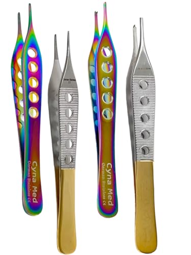 Set of 4 Perforated Handle Adson Forceps 12cm (4.75in) 1x2 Teeth + Serrated Rainbow Titanium Finish & Gold Handle - German Stainless Steel