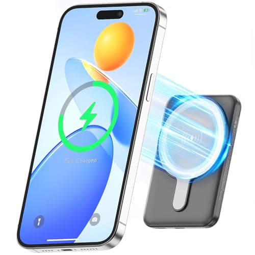 Acenew Magnetic Power Bank, 5000mAh Mini Wireless Portable Charger with Stand and Type-C Cable, 20W PD Fast Charging Magnetic Phone Charger for Mag-Safe Battery Pack for 15/14/13/12 Series (Black)