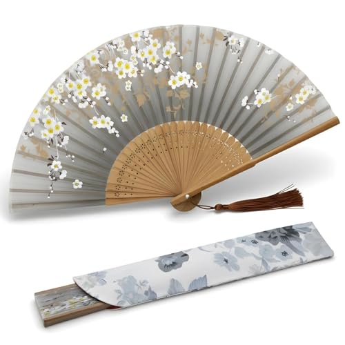 Lysa Hand Fan for Women Foldable - Portable Folding Japanese Chinese Fan - for Hot Flashes, Summer Cooling, Festivals, Church, Dancing (Gray Sakura)