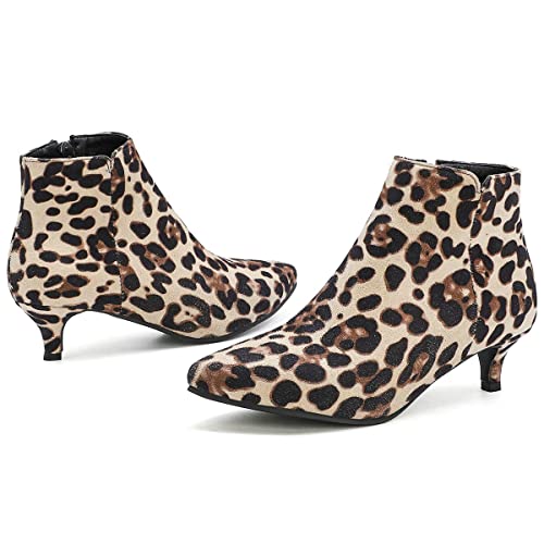 ClassicSter Womens Leopard Print Kitten Low Heel Booties Pointed Toe Faux Suede Ankle Boots with Zip2